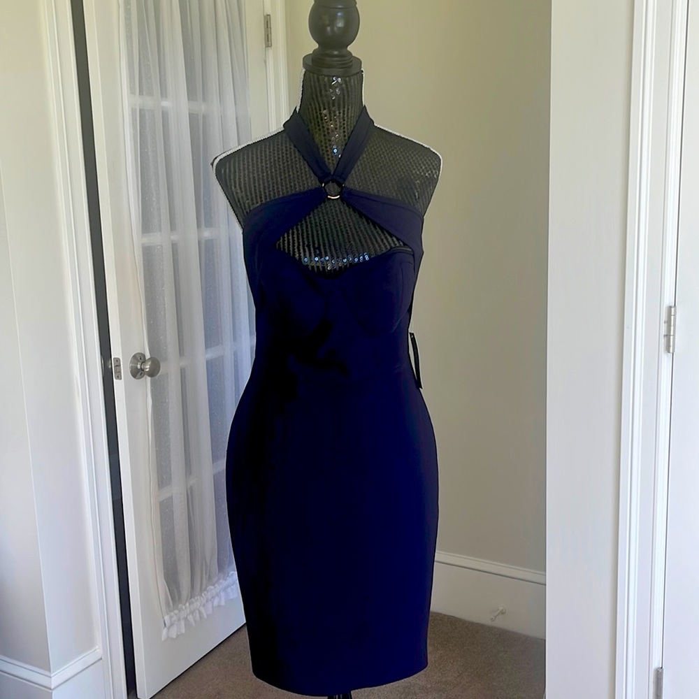 Navy blue halter bandage dress dress with gold o ring.